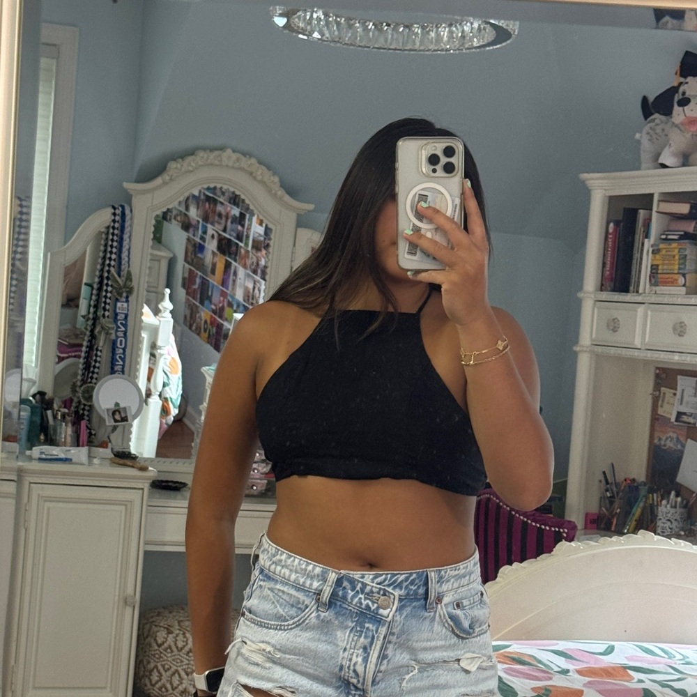 Skylar + Madison black crop top with criss cross back.